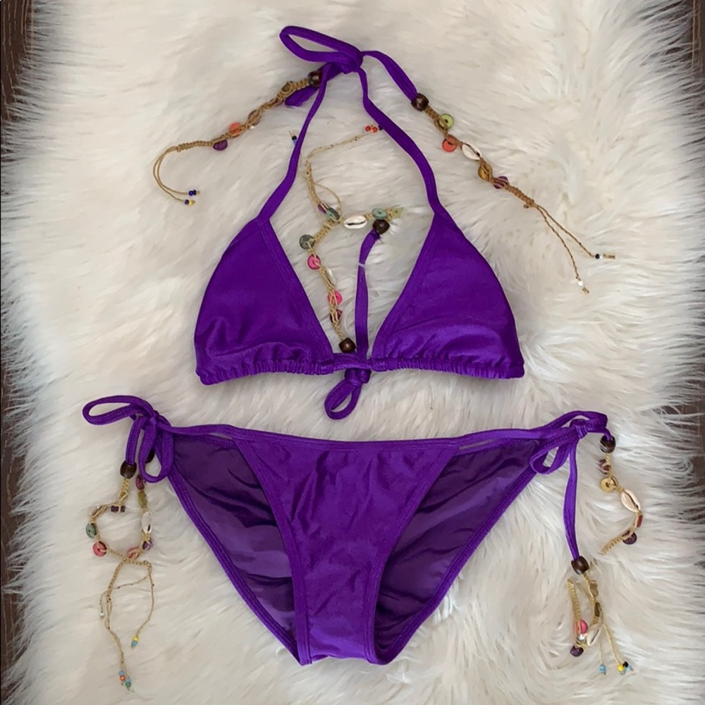 beaded tie side purple bikini set